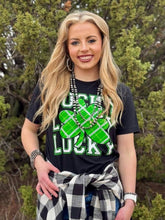 Load image into Gallery viewer, Lucky Repeat Green &amp; White Vintage Black Tee
