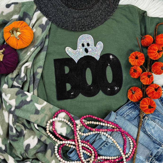 Sequin Boo Ghost Patch Moss Green Tee