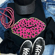 Load image into Gallery viewer, Pink Leopard Lips Chenille Patch Black Sweatshirt
