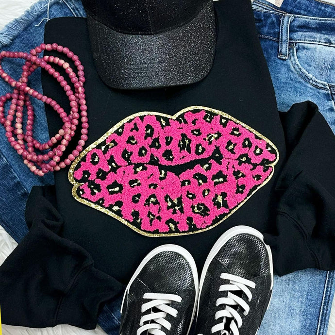 Pink Leopard Lips Chenille Patch Black Sweatshirt