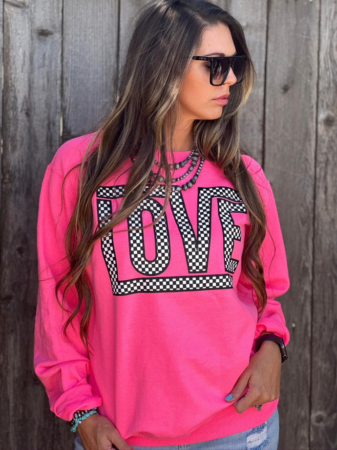 Funky Checkered Love Neon Pink Sweatshirt