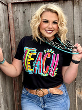 Load image into Gallery viewer, Callie’s Colorful Teach Vintage Black Tee

