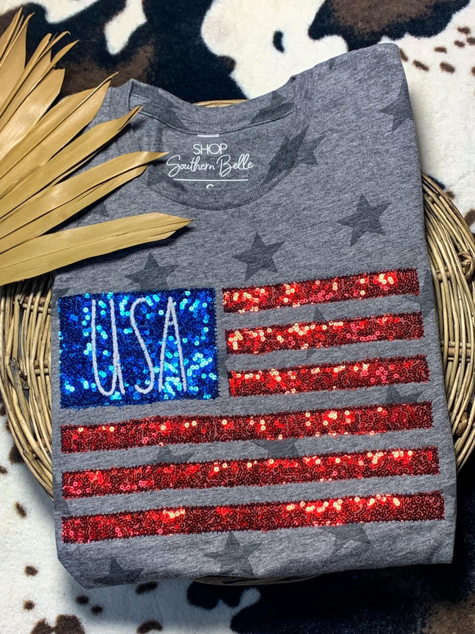 USA Embroidered Sequin Flag Star Tee