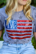 Load image into Gallery viewer, USA Embroidered Sequin Flag Star Tee
