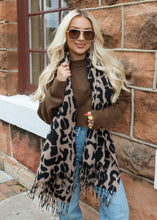 Load image into Gallery viewer, Leopard Print Fleece &amp; Fringe Scarf
