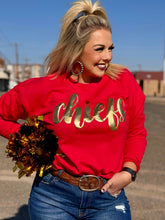 Load image into Gallery viewer, Chiefs in Metallic Gold Red Sweatshirt by Randi Mahomes
