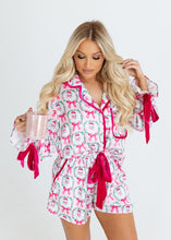 Load image into Gallery viewer, Santa &amp; Pink Bows Satin Pajama Set
