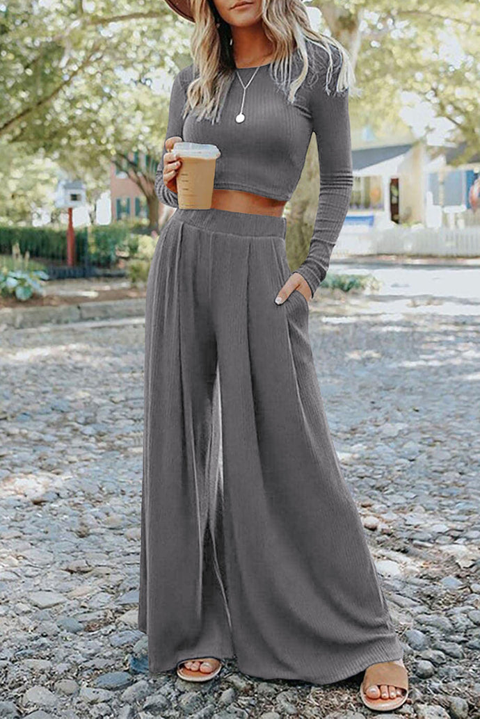 RTS: The Kat Long Sleeve Crop and Wide Leg Pant Set-