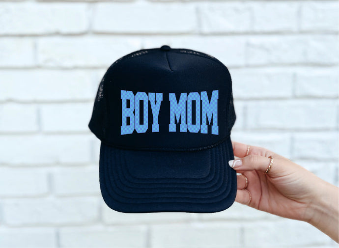 Checkered Boy Mom DTF Printed Black Trucker Hat