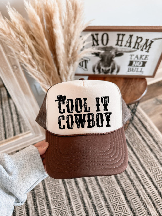 Cool It Cowboy DTF Printed Brown & Tan Trucker Hat