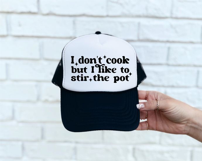 I Don't Cook DTF Printed Black & White Trucker Hat