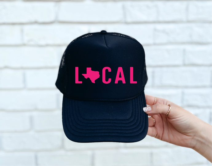 Local (Pink Texas) DTF Printed Black Trucker Hat