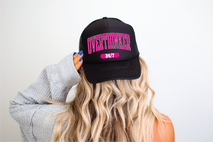 Overthinker 24/7 DTF Printed Black Trucker Hat