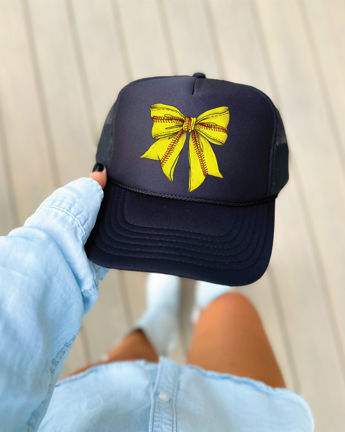 Softball Bow DTF Printed Black Trucker Hat