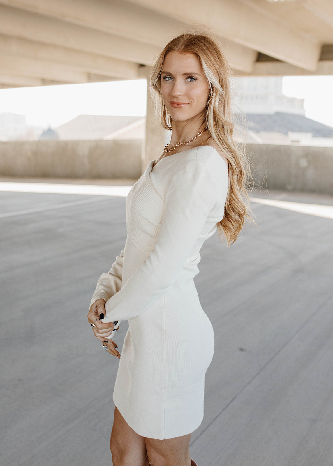 Cream Ribbed One Shoulder Sweater Dress