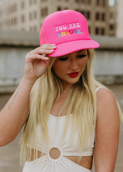 You Are Enough Trucker Hat in Hot Pink