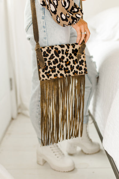 Mabel Hair on Hide Leather Leopard Fringe Turquoise Shoulder Bag