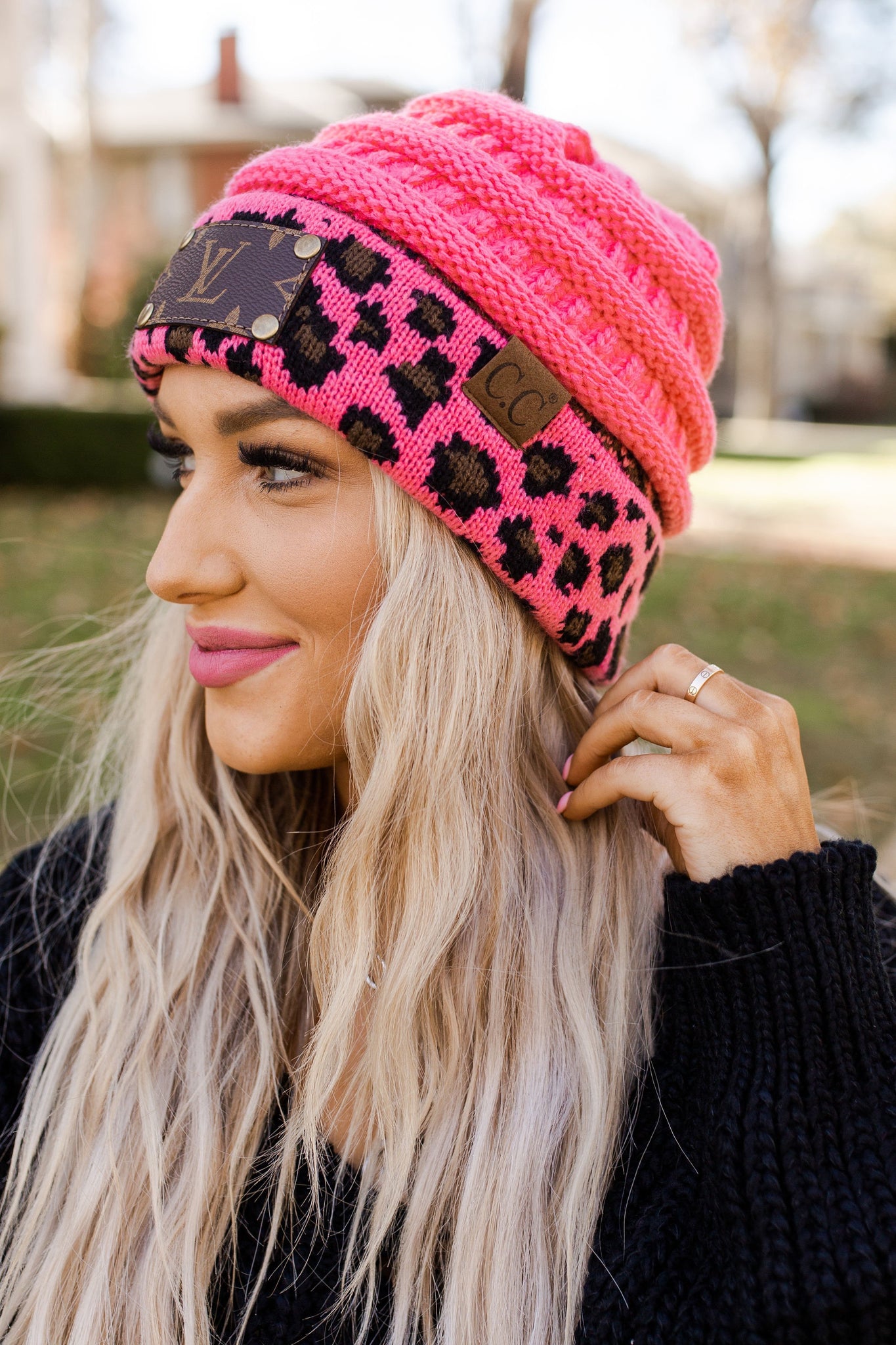 Patches of Upcycling Hot Girl, Pink Leopard Hat with LV Patch