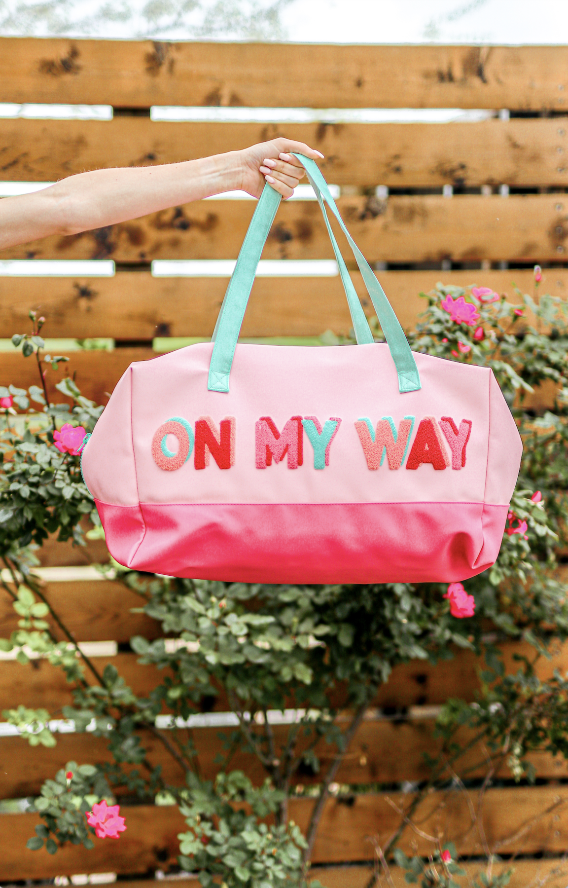 Glam Embroidered Letter Duffle Bag - Bubble Gum Vacay - Everything